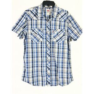 Levis Modern Fit Plaid Western Shirt Men XL Blue Short Sleeve Pearl Snap Cowboy